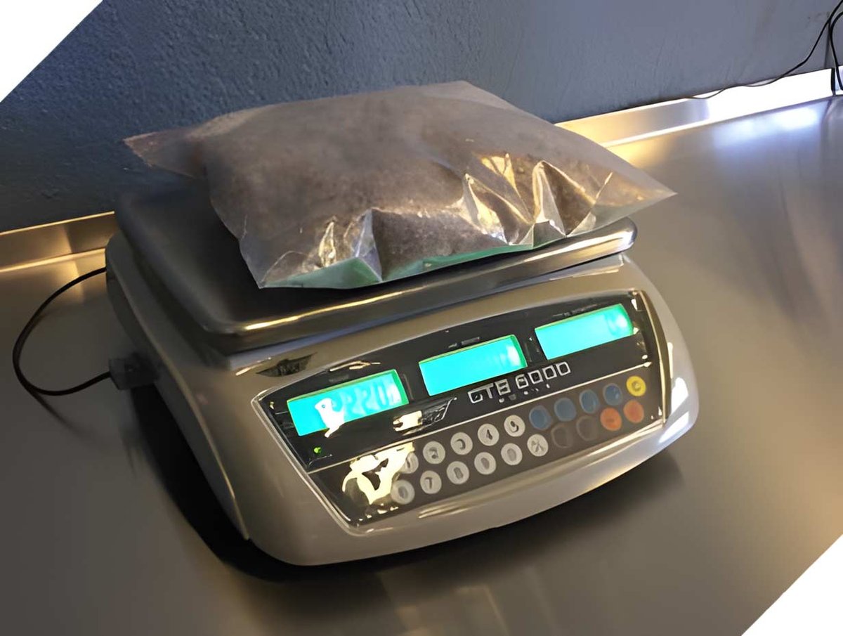 Electronic scale with plastic bag with roofing material